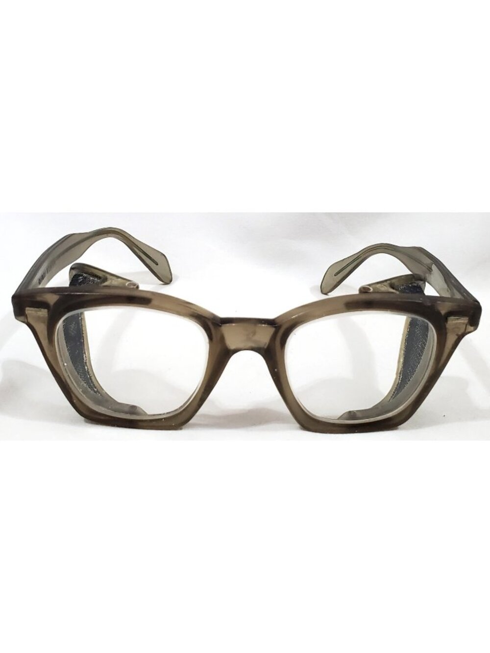 Glendale SAFETY GLASSES w/ screen shields VINTAGE WORN USED smoky gray horn rim